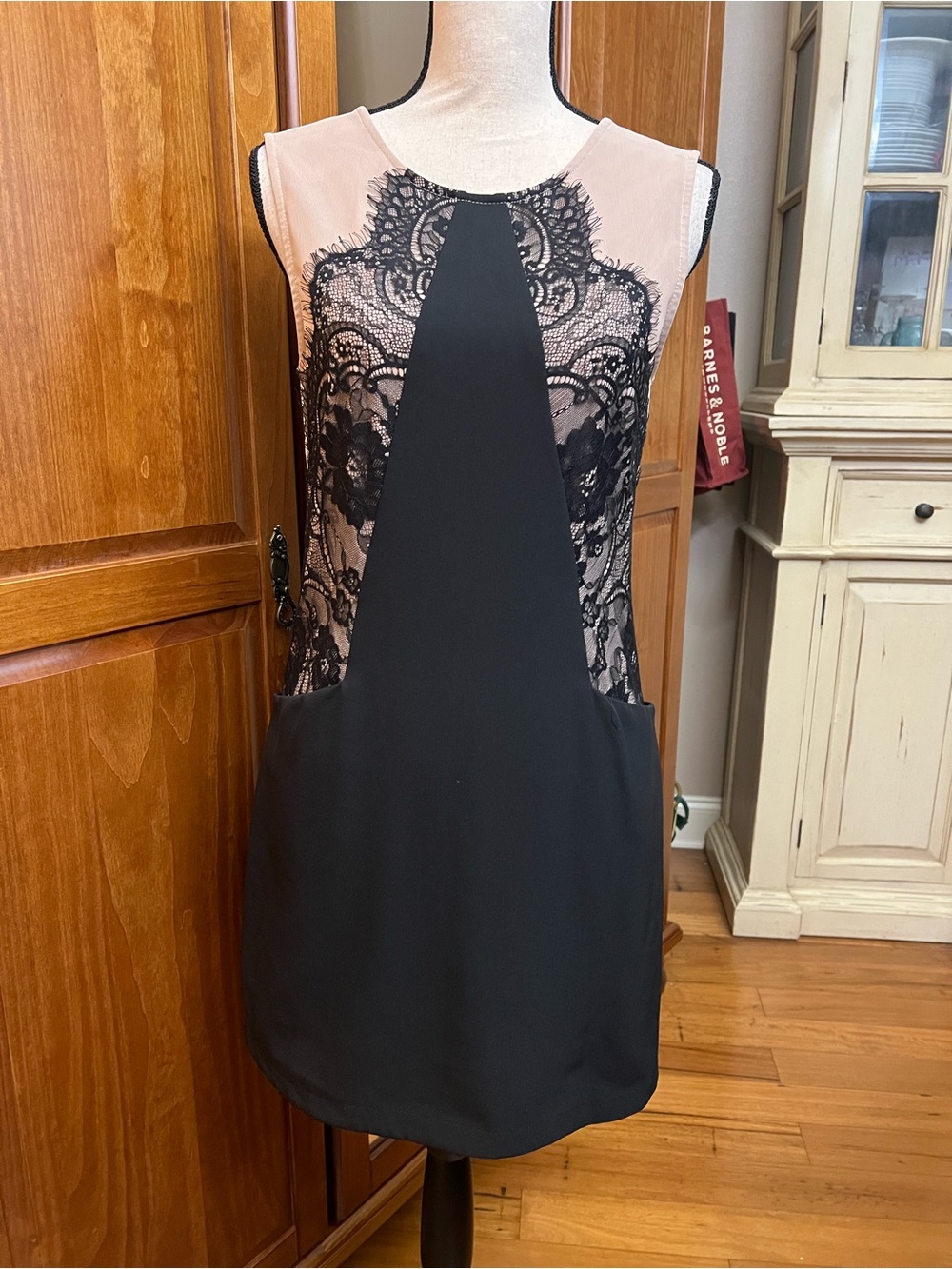 Gianni Bini Black and Nude Lace-Panel Mini Dress